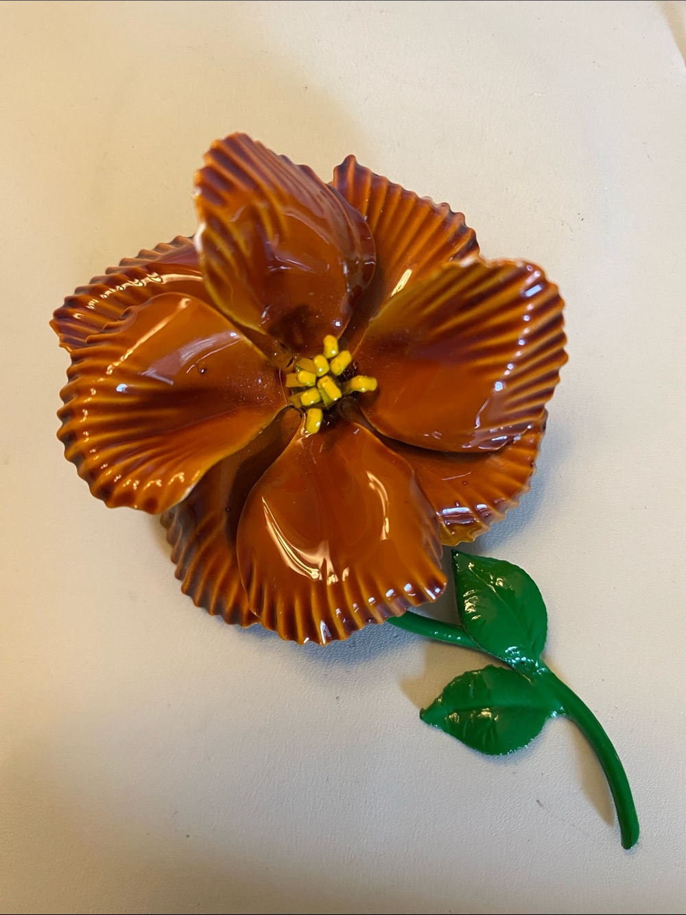 Vintage Large Orange Enamel Flower Brooch with Movable Stem